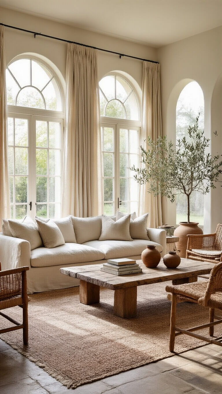 Bright 22x24ft living room with arched windows, Belgian linen sofa, woven leather chairs, rustic oak coffee table, layered vintage rugs, and soft morning light.