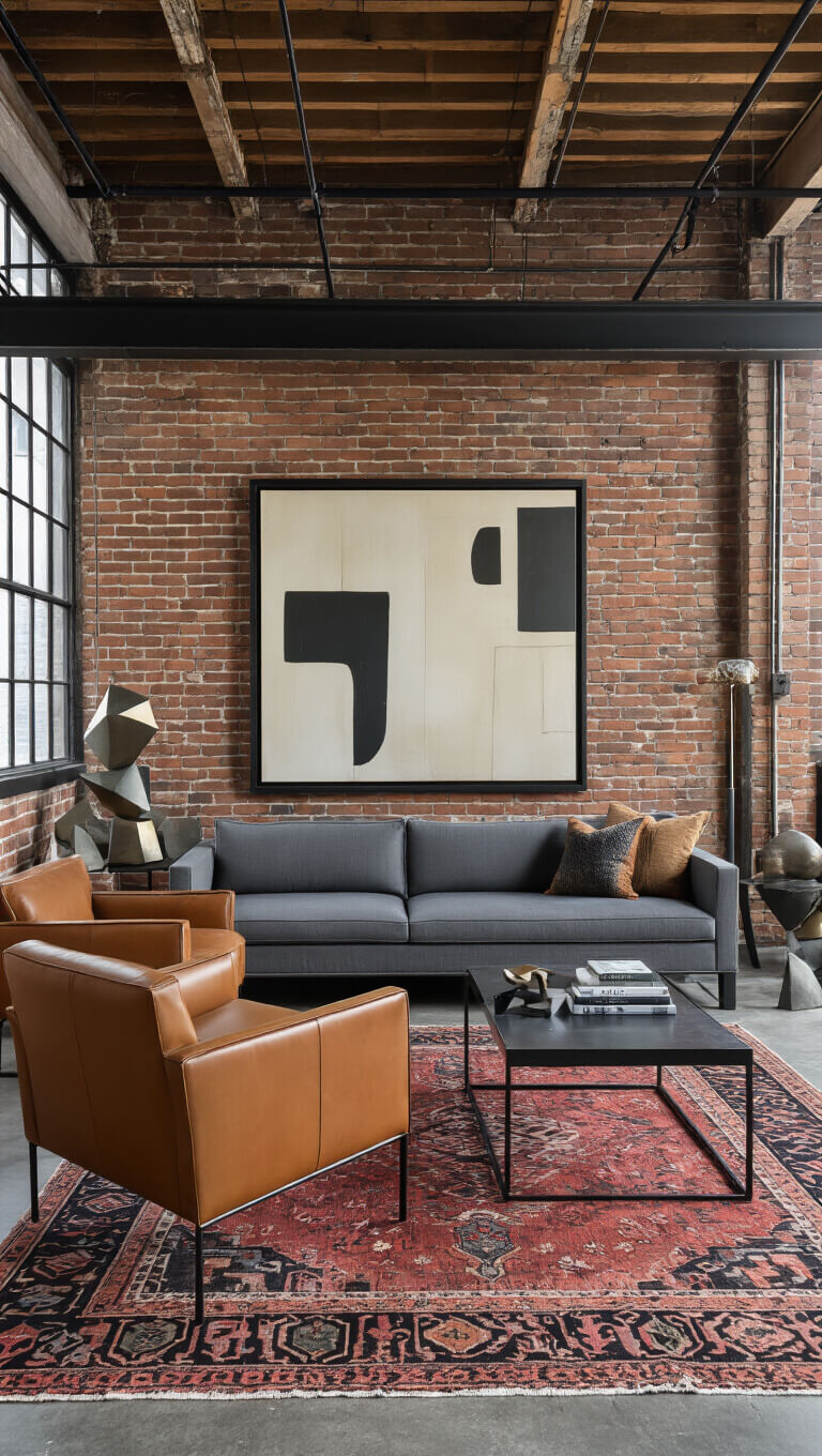 Industrial-style urban loft with modern slate sofa, cognac leather chairs, blackened steel coffee table, exposed brick wall featuring large abstract art, vintage Persian rug on concrete floors, and metallic-accented decor at dusk.