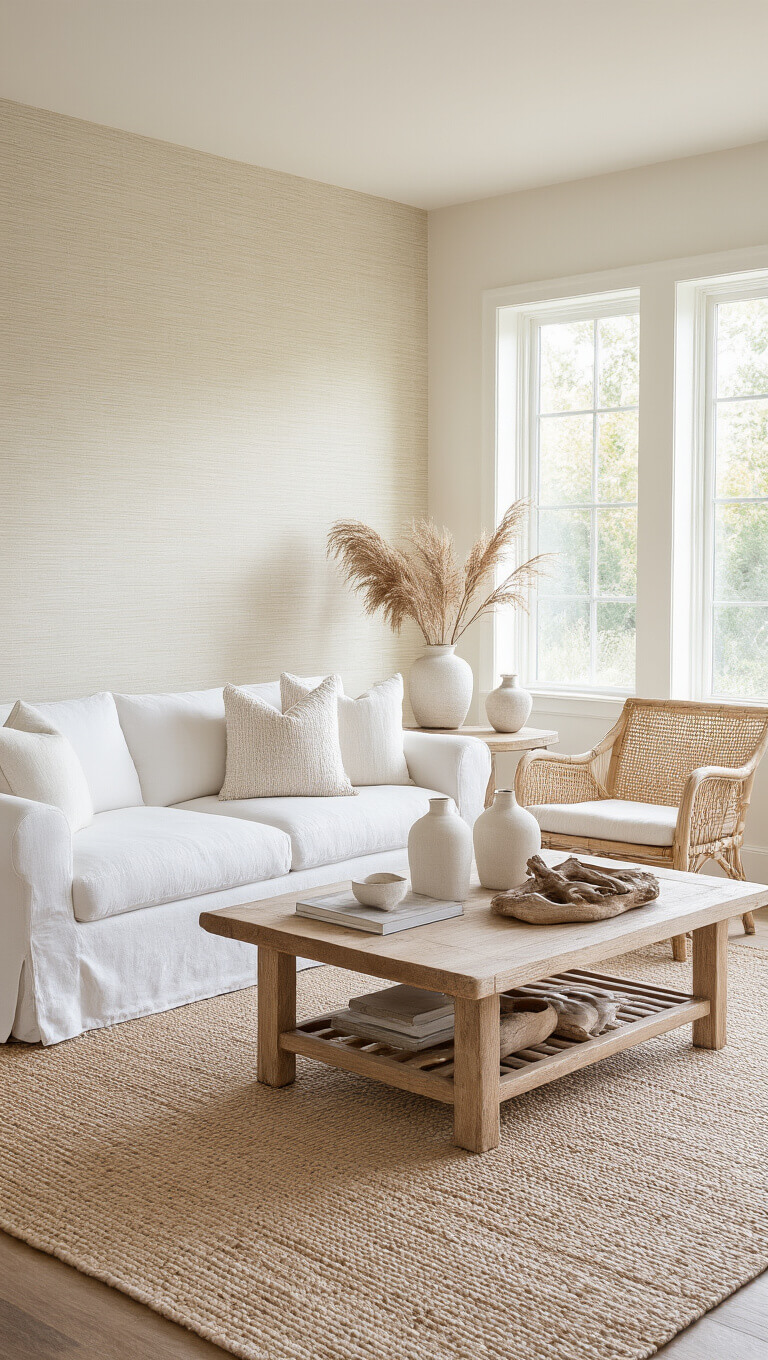 Serene living room with white sofa, rattan chairs, bleached wood table, and soft afternoon light.