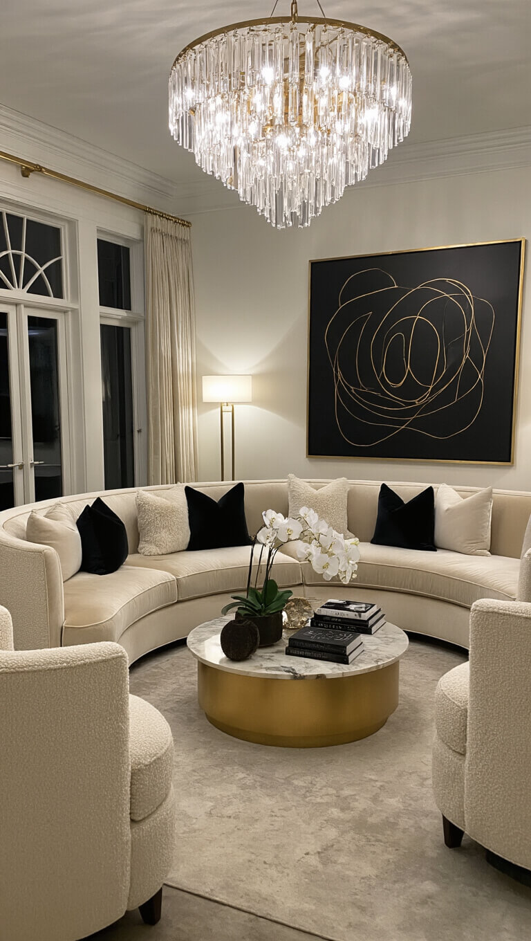Glamorous evening living room with champagne velvet curved sofa, cream bouclé swivel chairs, marble and brass coffee table, crystal chandelier, black and gold abstract art, and luxe accessories.