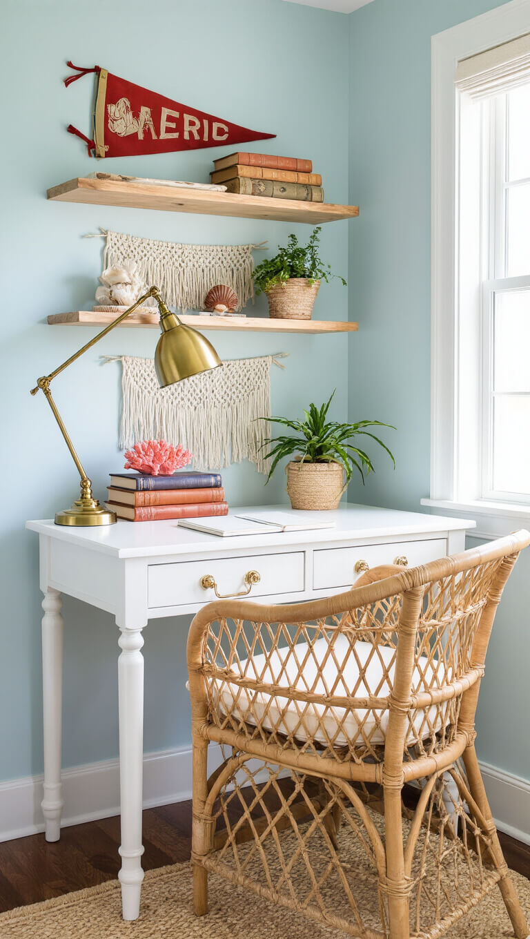 Coastal prep study nook with white desk, rattan chair, brass lamp, books, coral décor, and floating shelves with shells, plants, and vintage pennants.