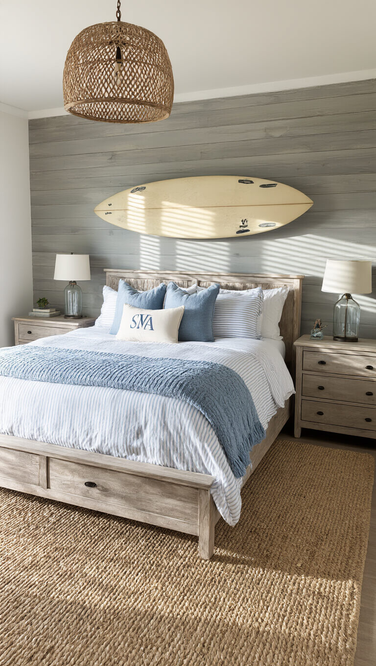 Wide-angle view of coastal-style bedroom with king bed on driftwood gray shiplap wall, layered white and blue bedding, vintage surfboard above, rattan pendant light, and seagrass carpet in late afternoon light.