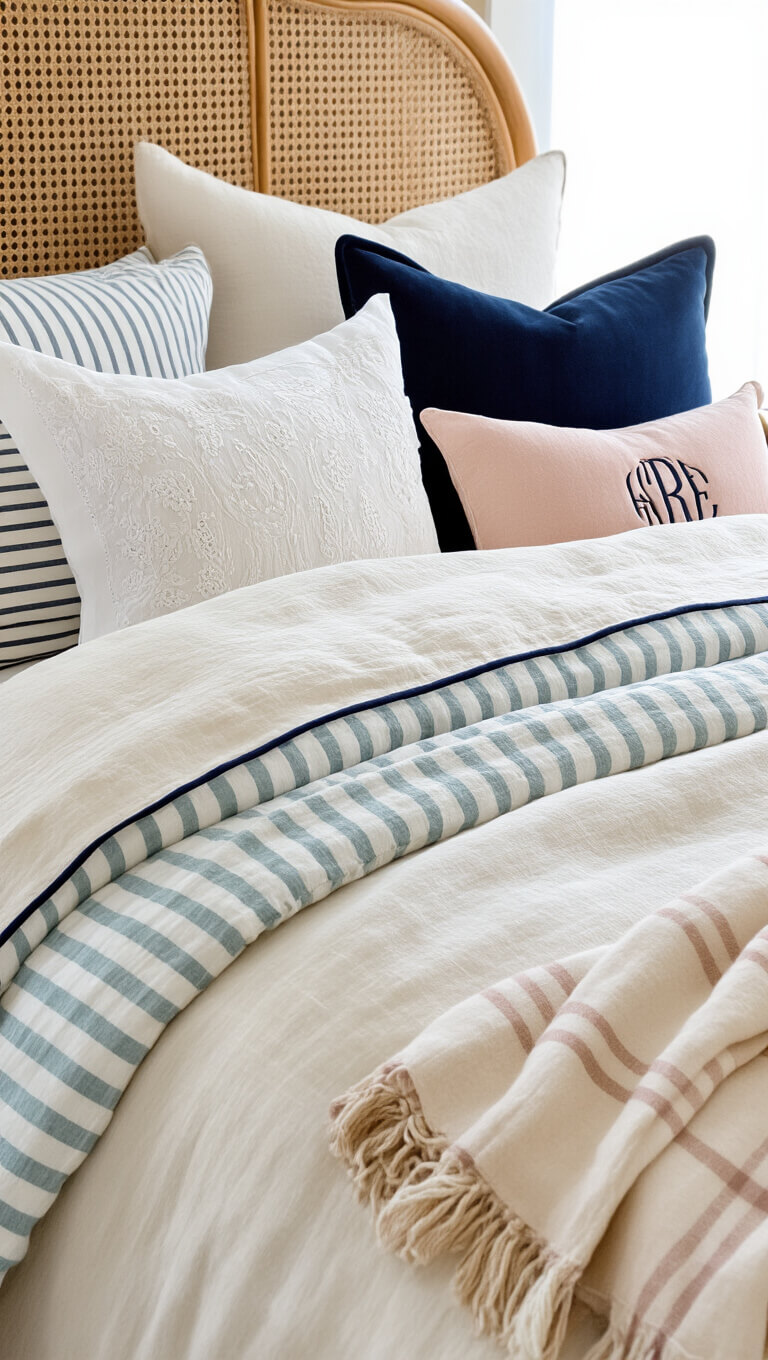 Creamy white linen bedding with navy piping, striped sheets, checked aqua throw, and assorted accent pillows against a rattan headboard in soft morning light.