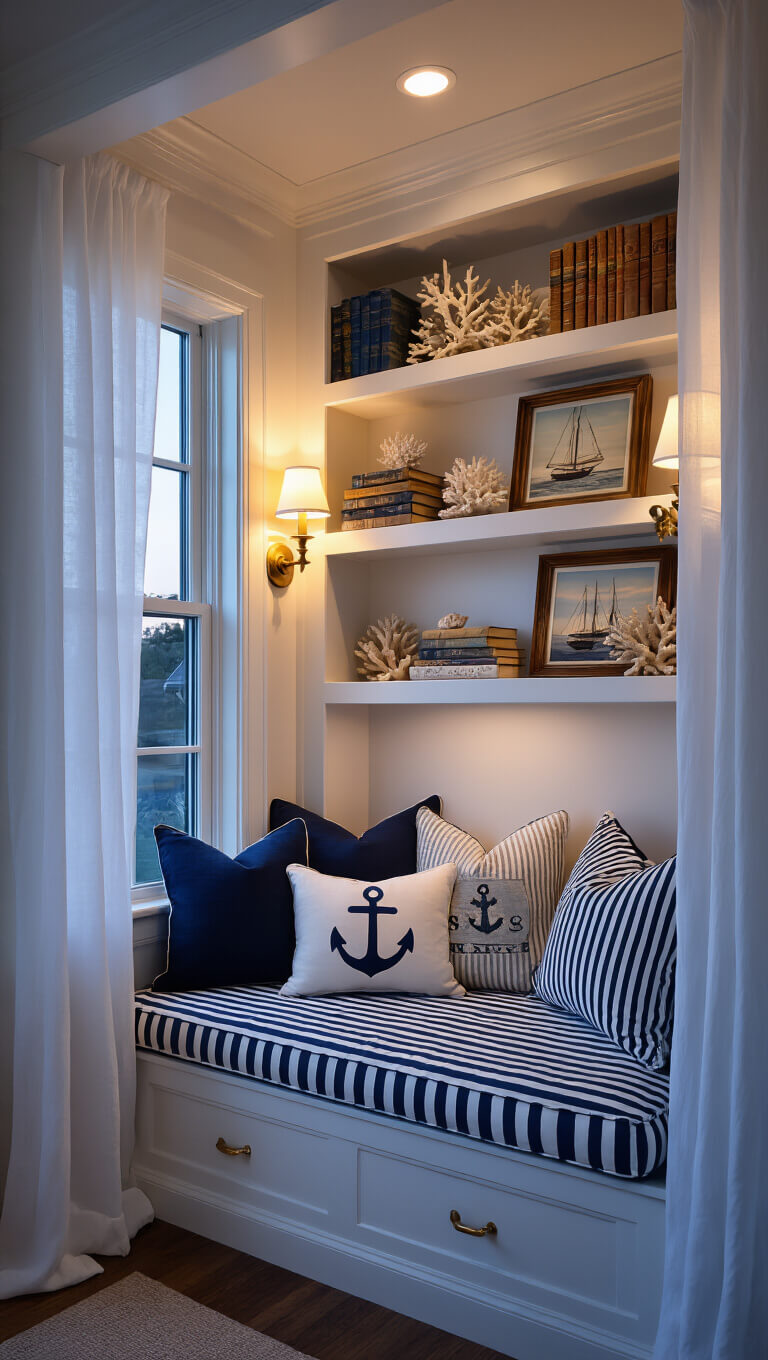 Low-angle view of cozy window reading nook at twilight with striped cushions, nautical pillows, brass sconces, and shelves displaying coastal decor.