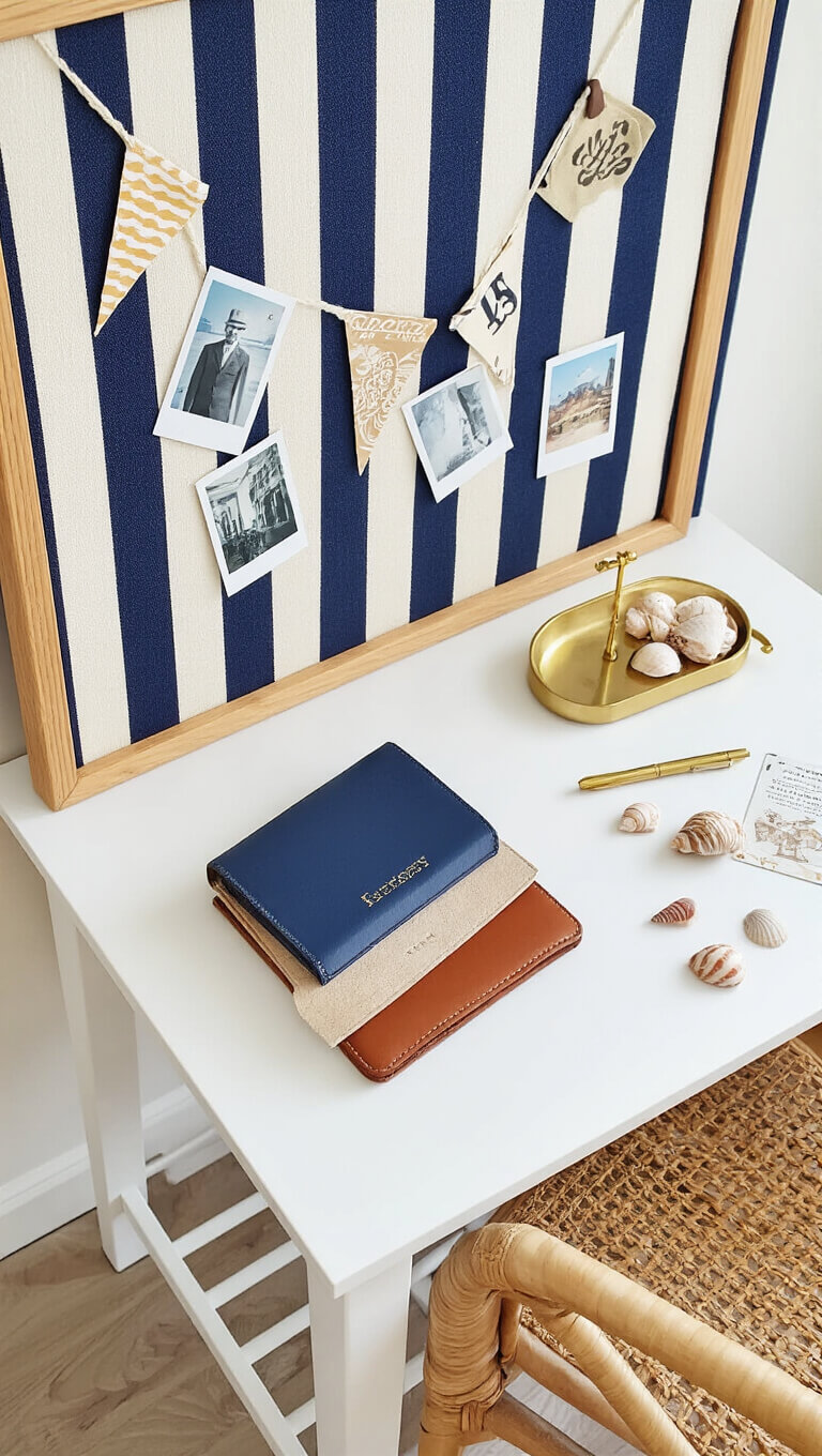 Overhead view of a white lacquered desk with brass accessories, leather agenda, vintage postcards, shells, and striped memo board with Polaroids; rattan chair with monogrammed cushion pulled back.