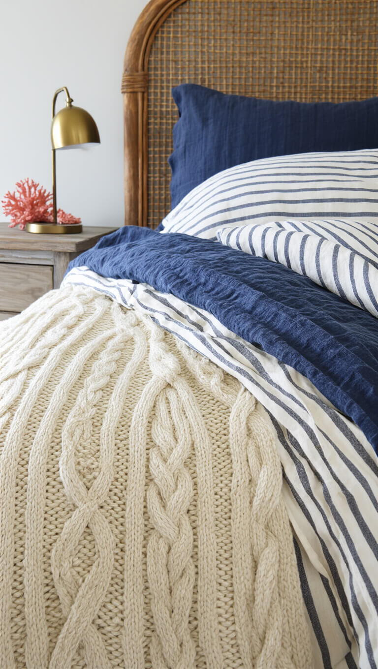 Close-up of layered bed textiles including cream cable knit throw, navy linen duvet, striped cotton pillowcase, with rattan headboard and oak nightstand featuring brass lamp and coral specimen.