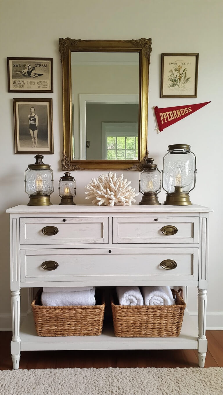 Whitewashed oak dresser with vintage brass mirror, glass lanterns, coral, and gallery wall of vintage photos and prints above; rattan basket with towels below.