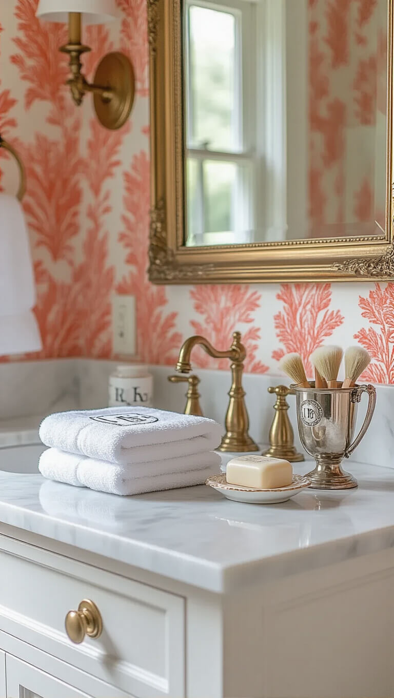 Bathroom vanity with white marble counter, brass fixtures, monogrammed towels, ceramic soap dish, vintage silver trophy holding brushes, and coral-print wallpaper reflected in mirror.