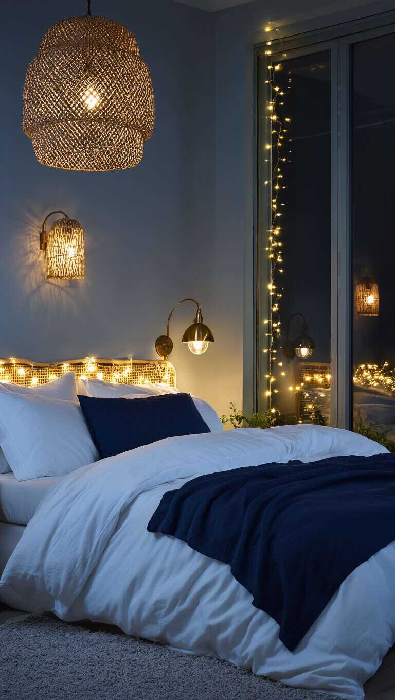 Cozy nighttime bedroom with warm lighting from brass sconces, rattan pendant, and fairy lights, highlighting blue-grey walls and layered white and navy bedding.