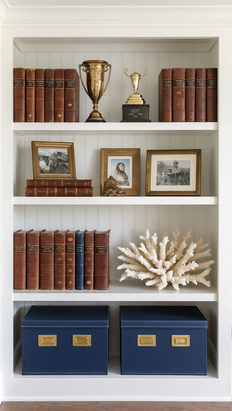 Built-in white bookshelf with beadboard backing, neatly arranged leather-bound books, vintage trophies, framed photos, coral decor, and navy storage boxes with brass hardware.