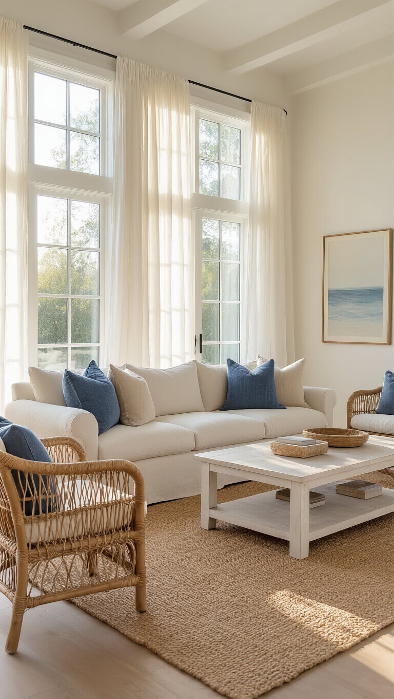 Sunlit coastal living room with cream linen sofa, blue and beige pillows, rattan chairs, jute rug, and sheer curtains filtering golden hour light.