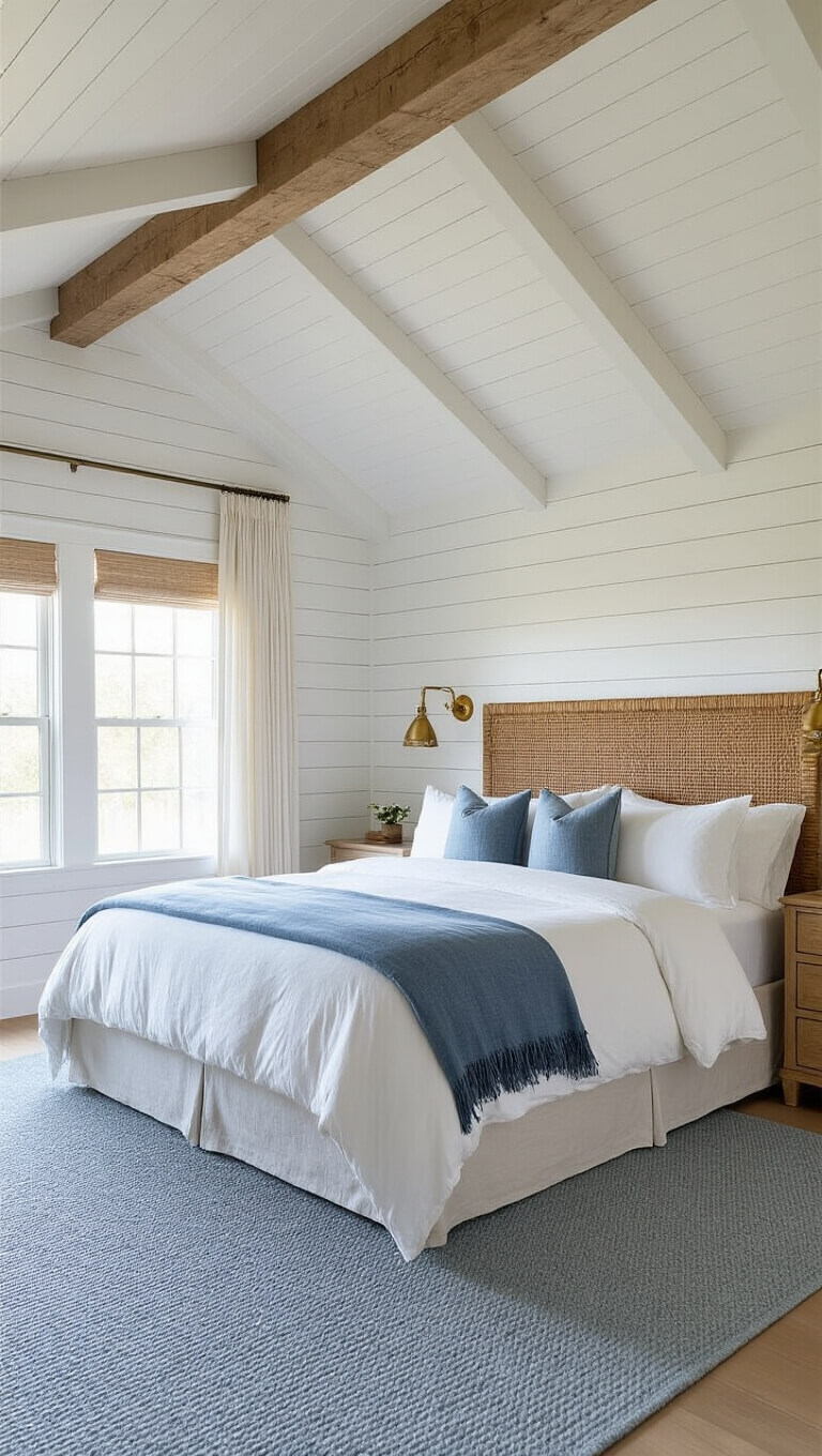 Cozy 12x14ft bedroom at dawn with white shiplap walls, vaulted ceiling, king bed with white linens, seagrass headboard, and soft morning light through gauzy curtains.