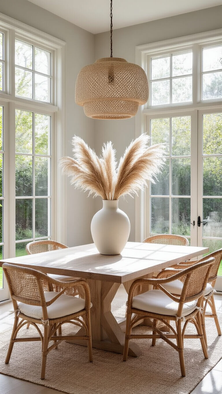 Airy dining room with white oak table, rattan chairs, pampas grass centerpiece, and garden views through floor-to-ceiling windows.