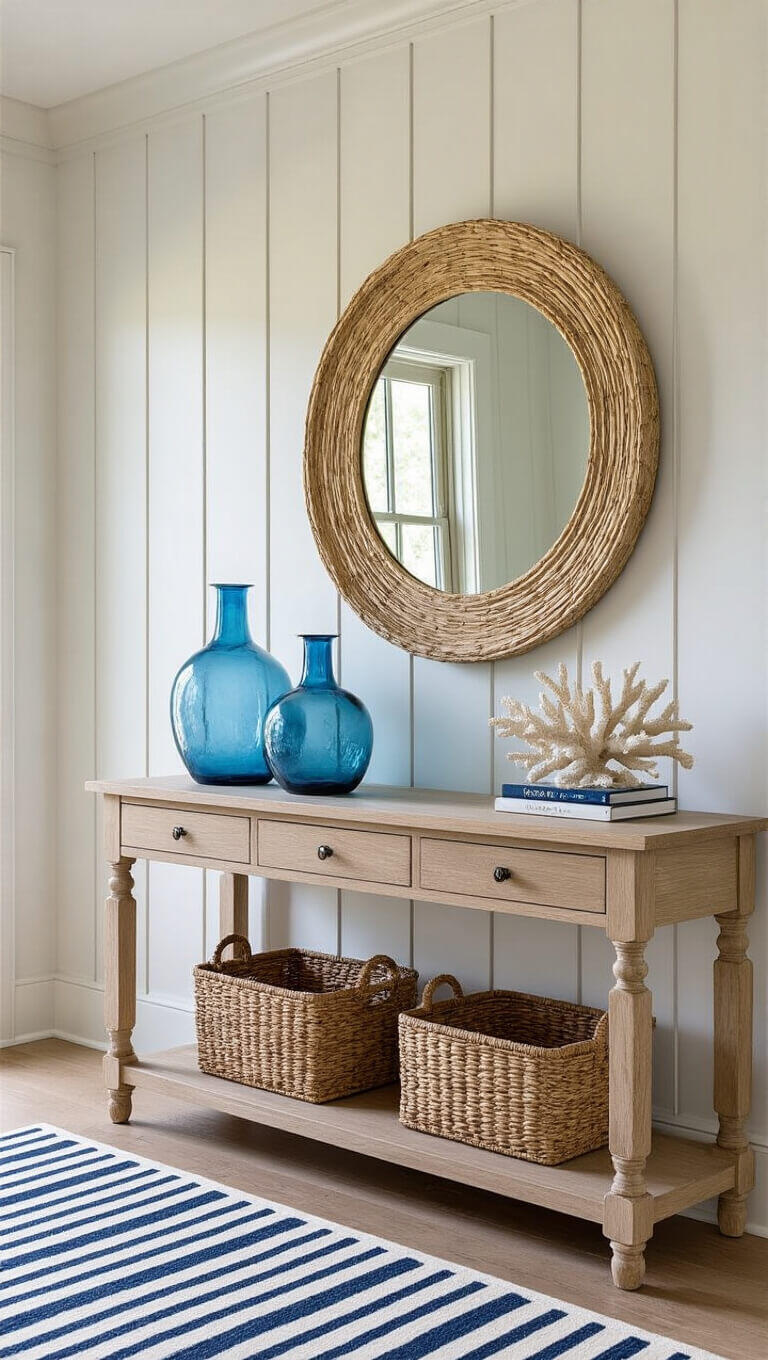 Warm-toned 8x10ft entryway with white board and batten walls, bleached oak console, blue glass vases, coral decor, rattan mirror, and navy striped runner.