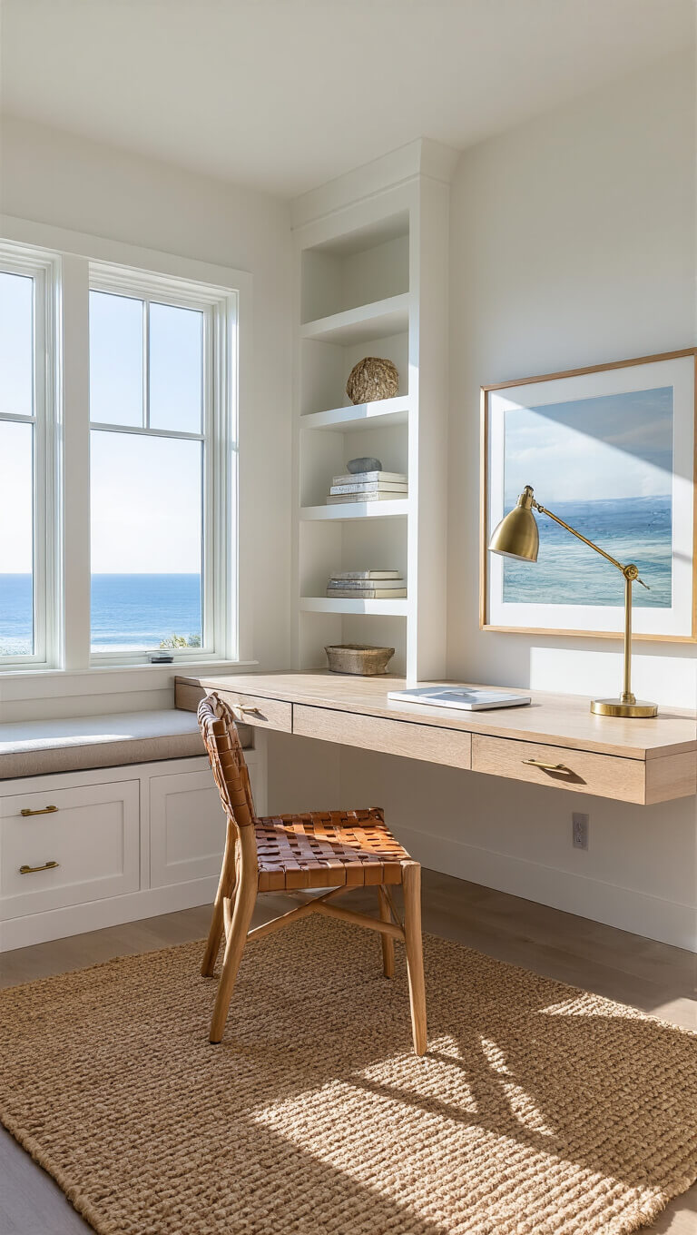 Modern 14x16ft home office with built-in white shelves, ocean-view window, light oak desk, woven leather chair, layered neutral rugs, and brass accents in dramatic afternoon light.