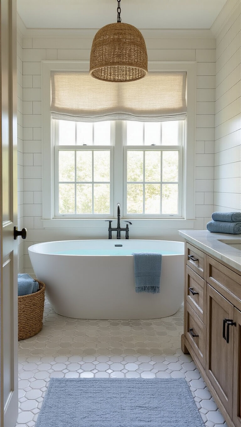 Luxurious 16x18ft bathroom with marble hex tile floor, white subway walls, freestanding tub under window with linen shade, oak vanity with honed marble, woven pendant light, and blue-grey towels.