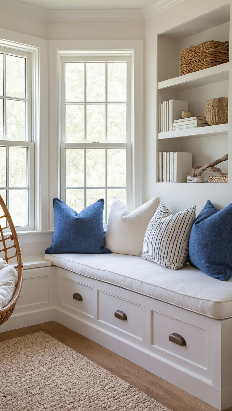 Cozy 10x12ft reading nook with bay window seat, white cushions, blue pillows, built-in shelves, rattan hanging chair, and soft afternoon light.