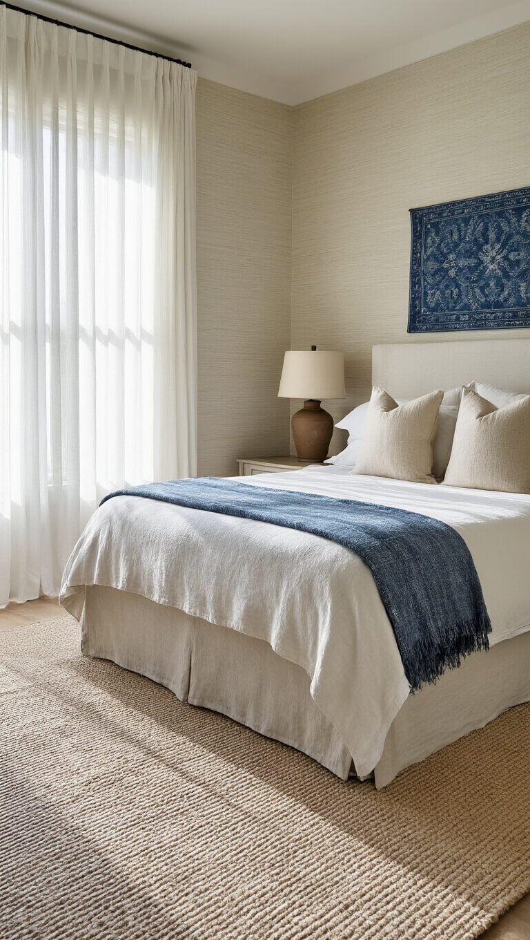 Serene guest bedroom with queen bed, sheer curtains, grasscloth wallpaper, ceramic lamps, and vintage indigo wall art in soft morning light.