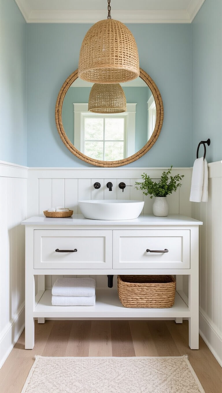 Bright powder room with pale blue walls, white beadboard wainscoting, floating white oak vanity, vessel sink, round rattan mirror, and woven pendant light.