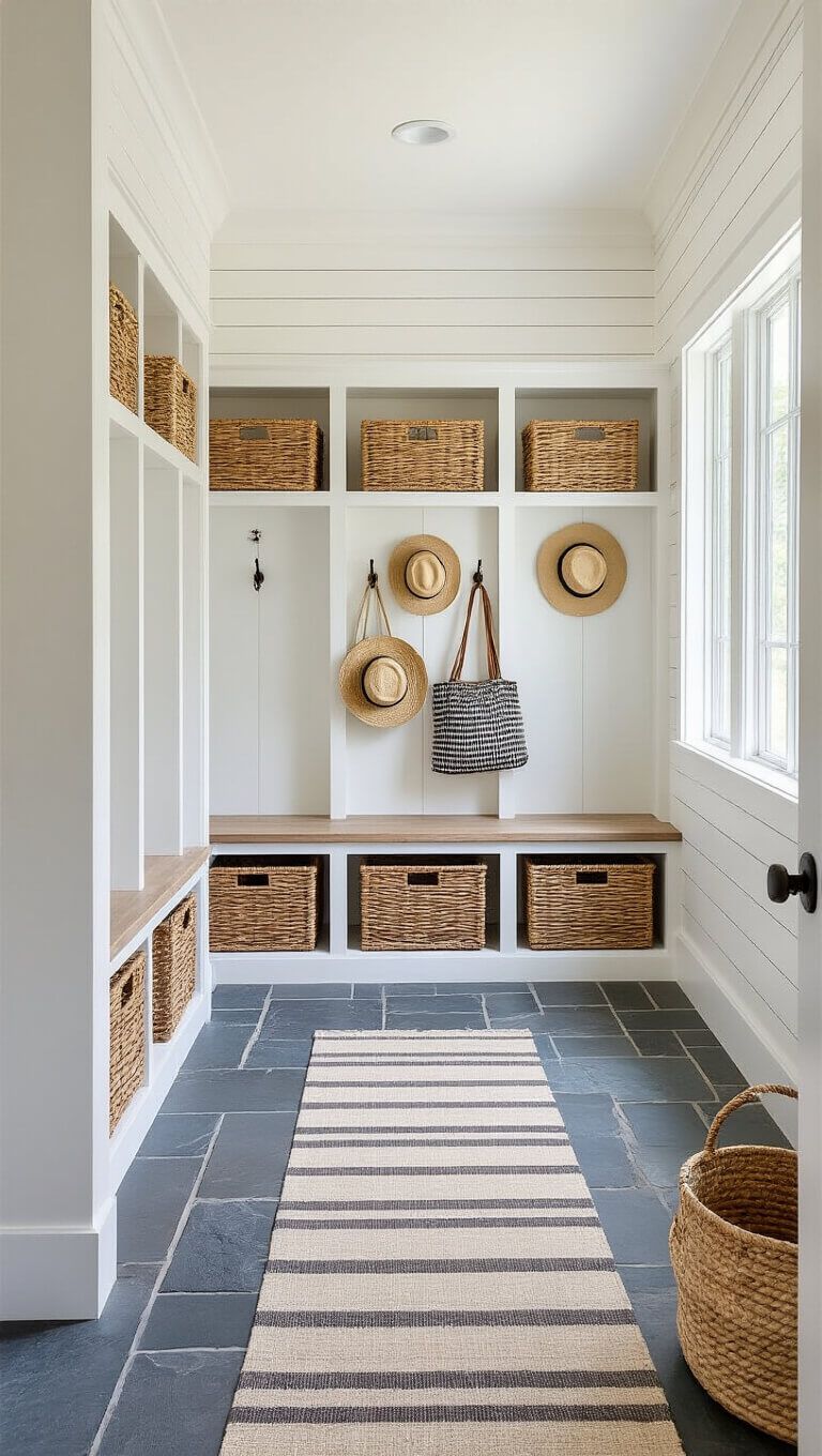 Elevated view of a 16x18ft mudroom with white built-in lockers, slate flooring, striped runner, shiplap walls, and bronze hooks holding hats and bags.