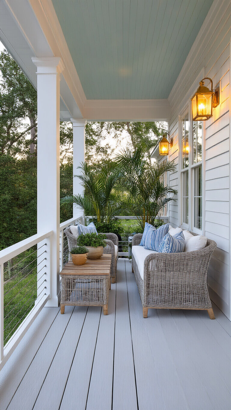 Elevated 14x16ft covered porch at sunset with white decking, cable railing, coastal blue woven furniture, potted palms, and glowing vintage brass lanterns.