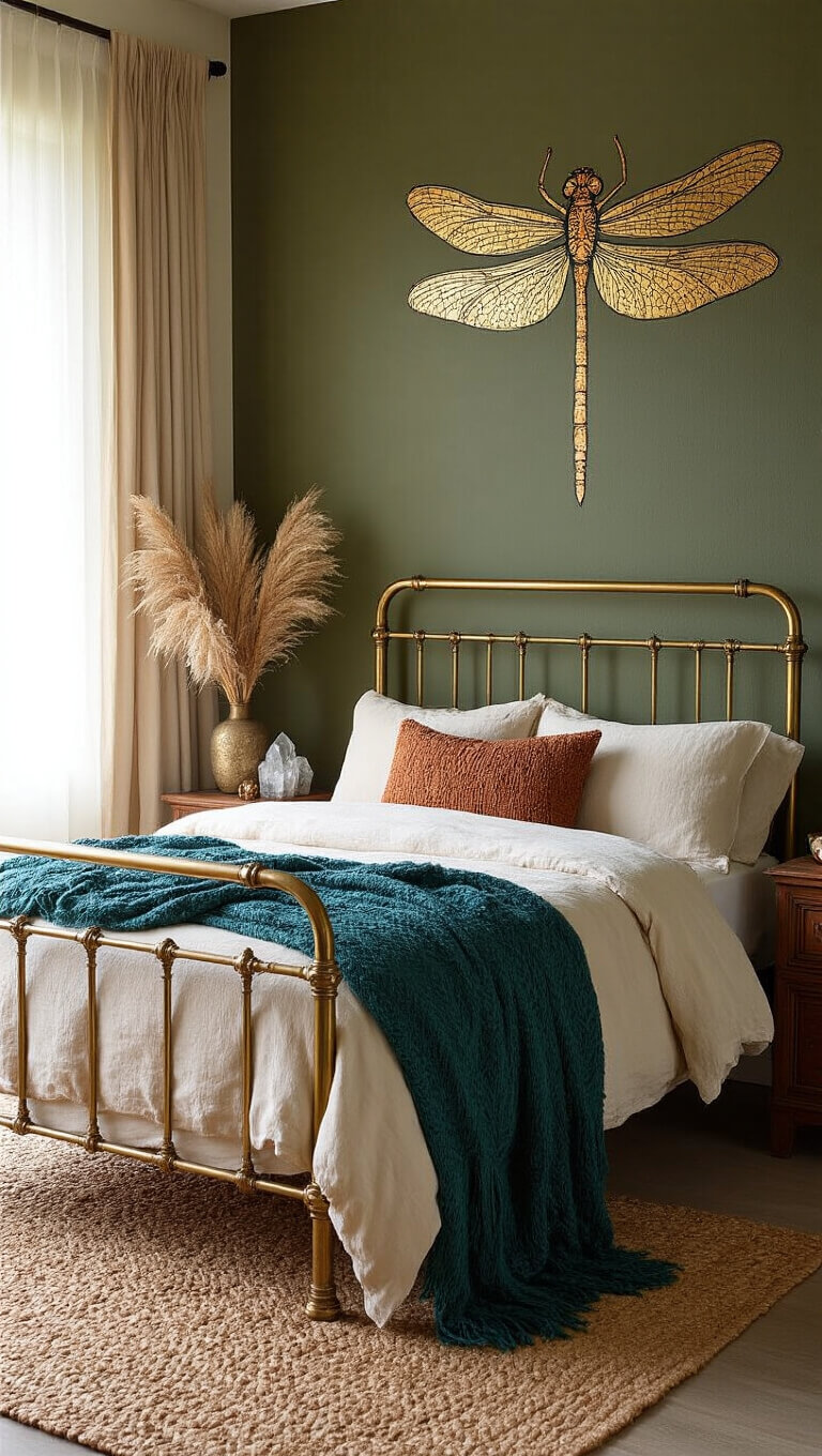 Cozy bedroom corner with vintage brass bed, ivory rumpled linens, teal and copper throw, gold dragonfly mural on olive wall, and earthy decor including velvet curtains, crystal clusters, and pampas grass.