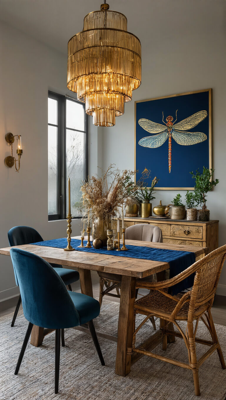 Modern bohemian dining room with reclaimed wood table, velvet and rattan chairs, dragonfly chandelier, indigo accents, and jewel-toned artwork, photographed at twilight.