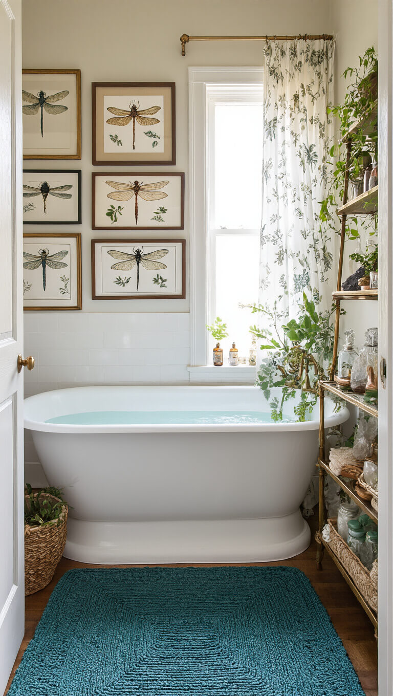 Boho-style bathroom with clawfoot tub under window, botanical curtains, dragonfly print gallery wall, vintage brass shelves with crystals and plants, and teal-copper woven bath mat in soft morning light.
