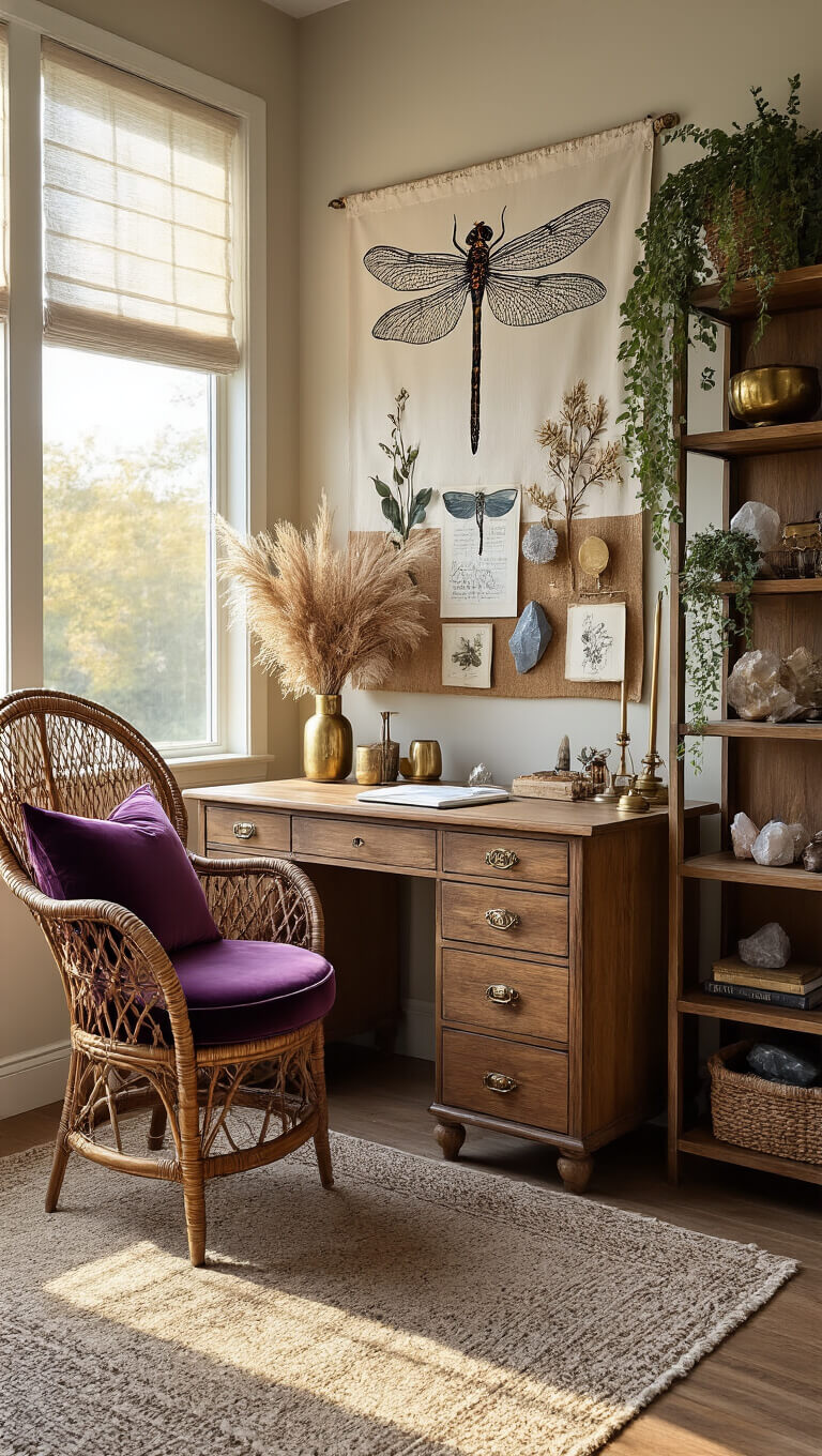 Artistic home office corner with vintage wooden desk, brass accessories, dried botanicals, and dragonfly tapestry, bathed in golden hour light.