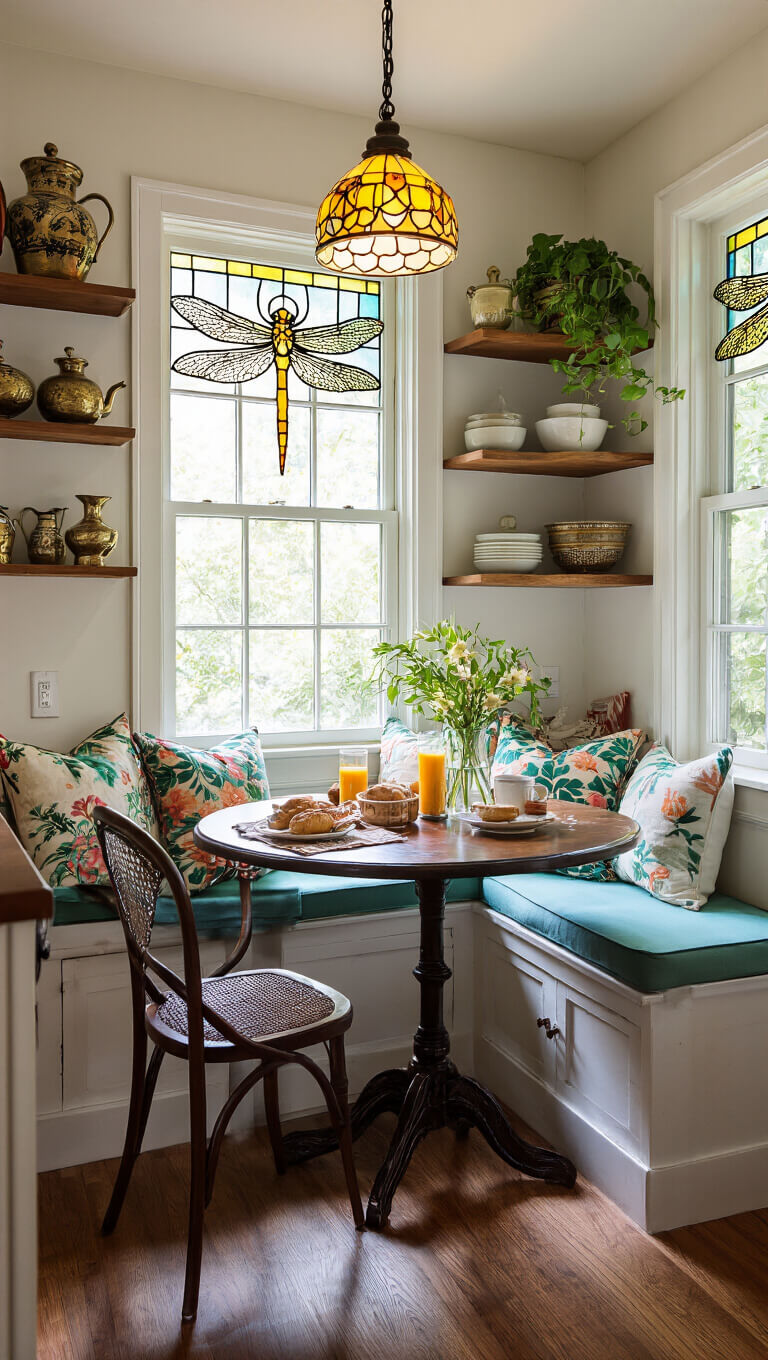 Eclectic kitchen nook with jewel-toned window seat, vintage brass dragonfly decor, mismatched chairs around dark wood bistro table, and stained glass window casting colorful morning light.