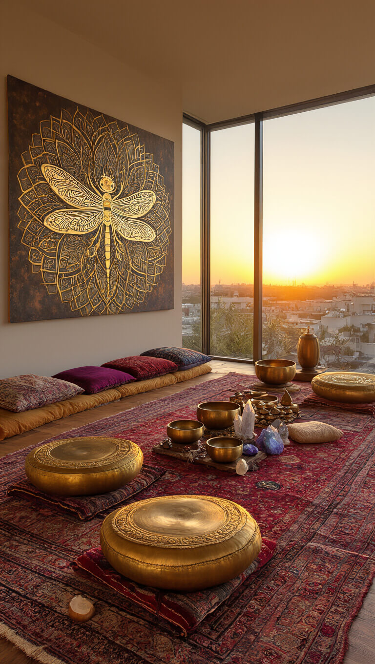 Low-angle view of a cozy 8x10ft meditation space at sunset featuring vintage jewel-toned rugs, brass embroidered floor cushions, a metallic dragonfly mandala on the wall, and a styled wooden table with singing bowls, crystals, and smudge bundles.