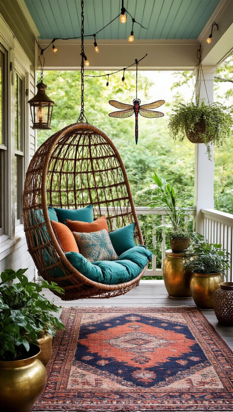 Bohemian covered porch with vintage rattan hanging chair, plush teal and amber cushions, dragonfly wind chimes, potted plants, Persian rug, string lights, and lanterns in soft late afternoon light.