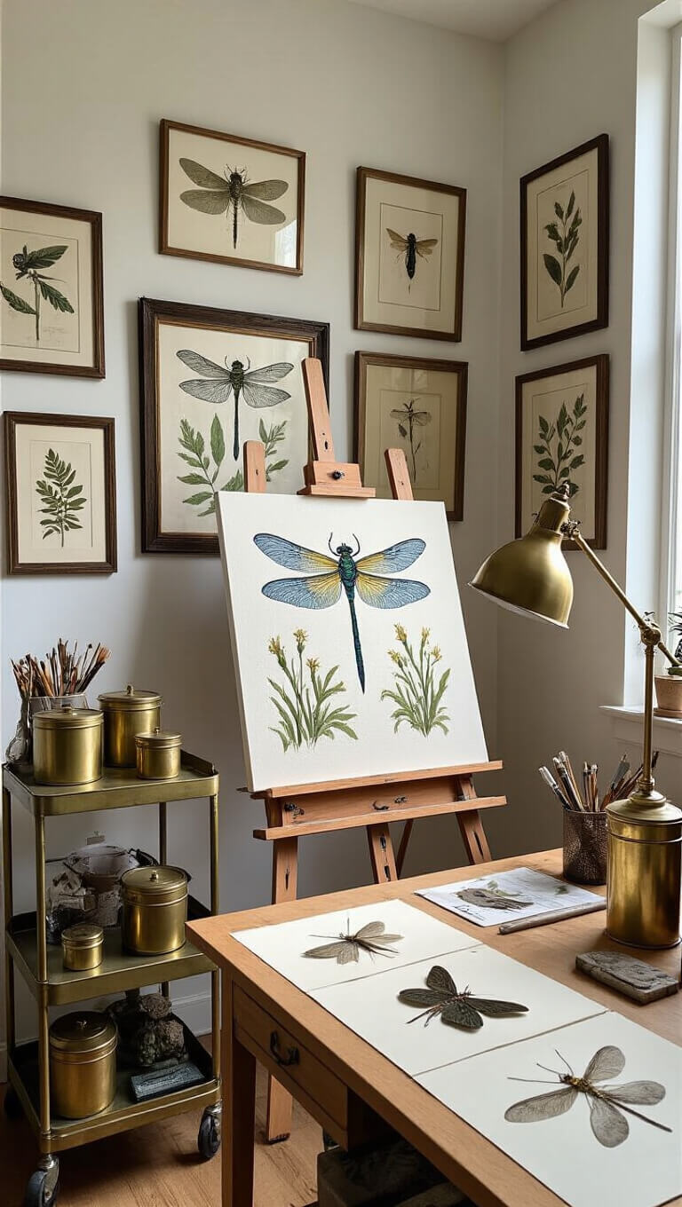 Artist's studio corner with dragonfly artwork on easel, vintage cart holding brass art supplies, botanical and insect gallery wall, and drafting table with natural objects under midday north light.