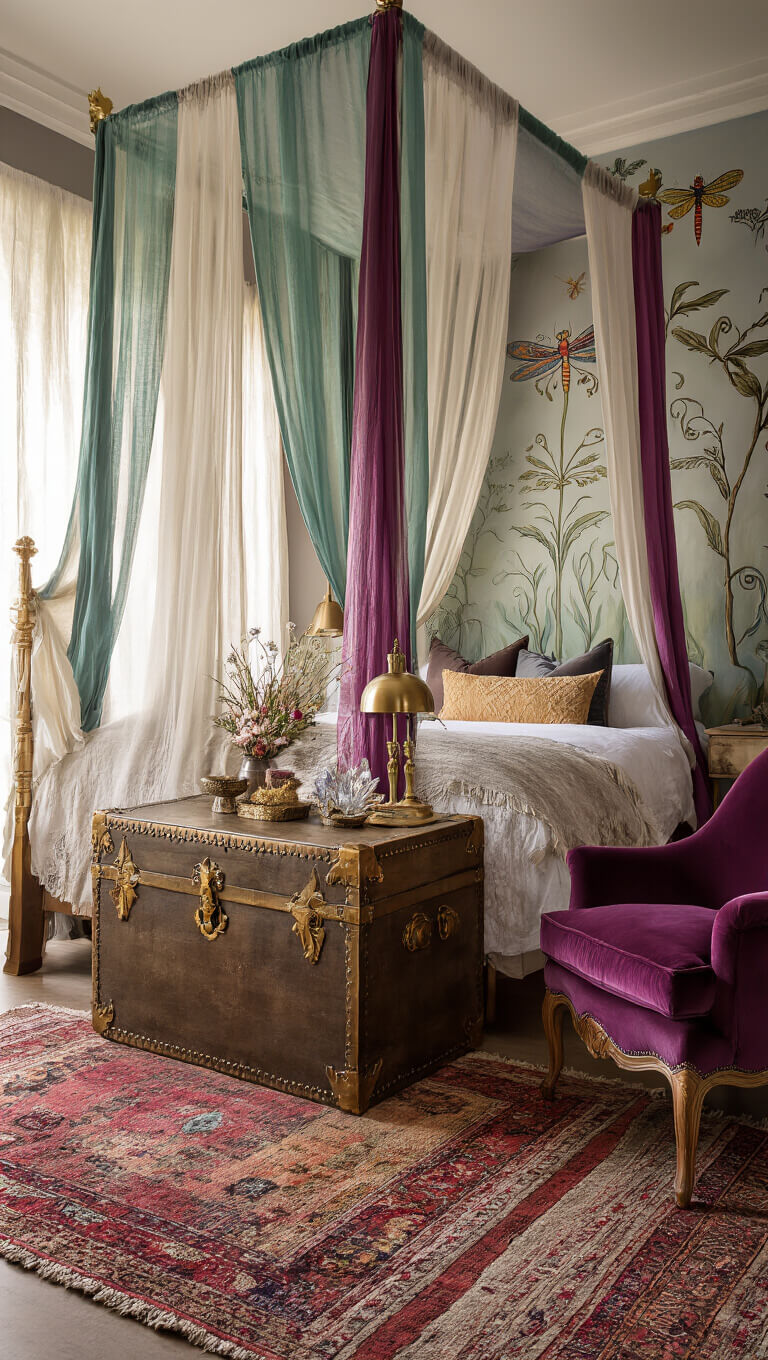 Boho guest bedroom with canopy bed, jewel-tone sheer drapes, brass dragonfly details, vintage trunk nightstand, botanical mural, layered rugs, and plum velvet armchair in soft morning light.