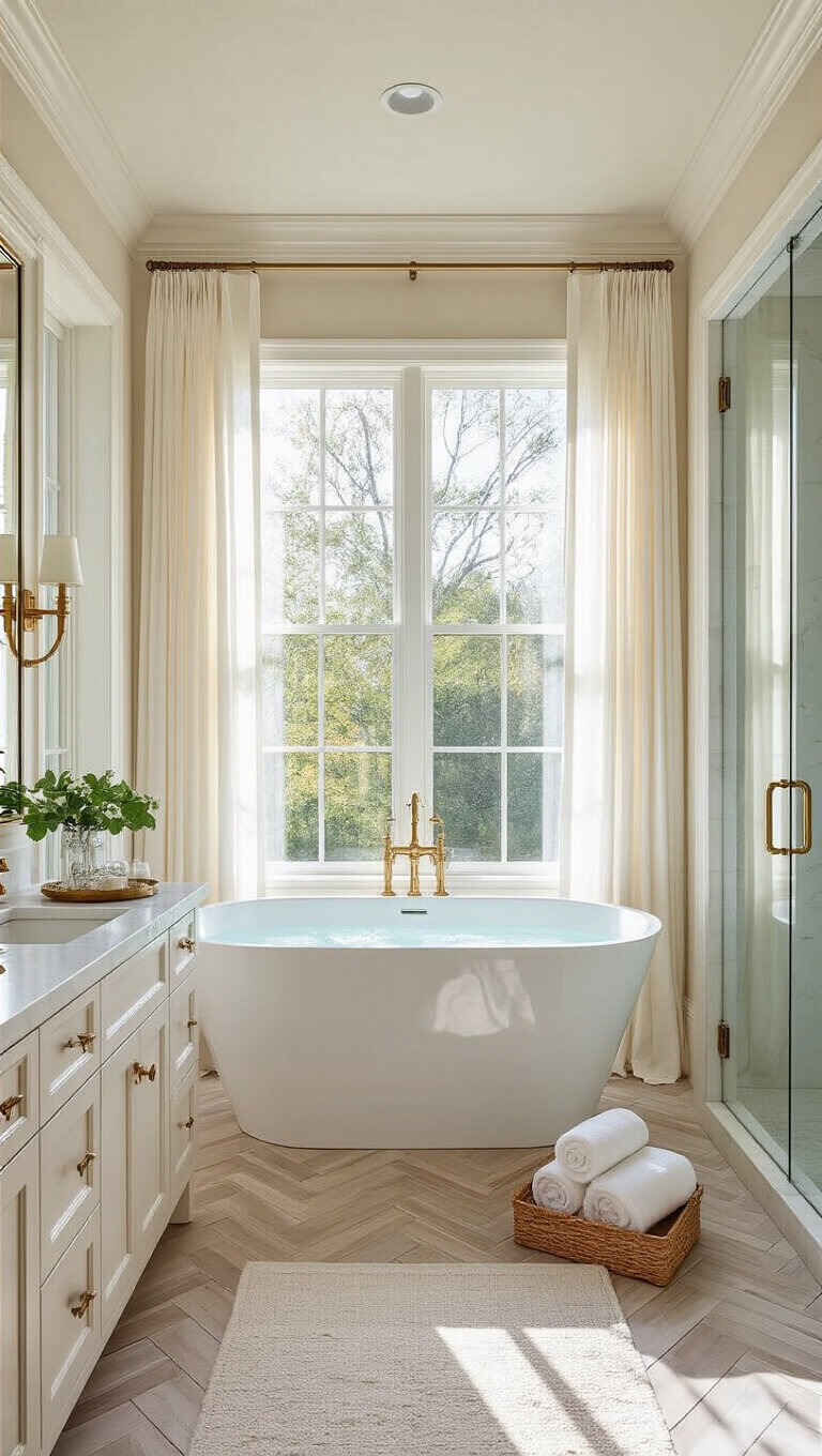 Luxurious sunlit master bathroom with marble tub, herringbone floors, double vanity, and elegant brass accents.