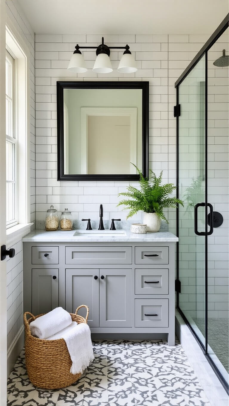 Bright 8x10 guest bathroom with soft white subway tiles, pale gray vanity with Carrara marble top, matte black mirror, black-framed glass shower door, geometric vintage-style floor tiles, and styled with woven basket, glass canisters, and potted fern.