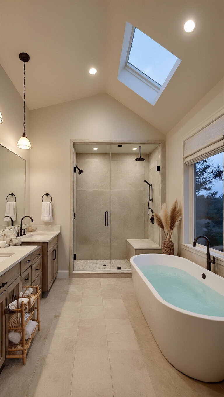 Spa-inspired master bathroom with vaulted skylight ceiling, freestanding soaking tub, double vanity, oversized marble walk-in shower, and tranquil twilight lighting.