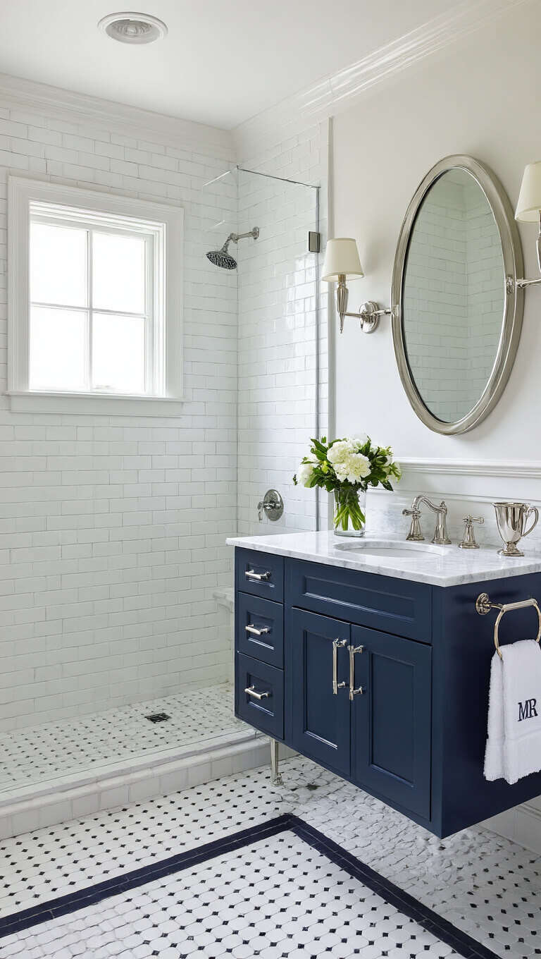 Modern classic 10x12ft bathroom with navy vanity, marble top, white penny tile floor, subway tile shower, and crisp white crown molding.