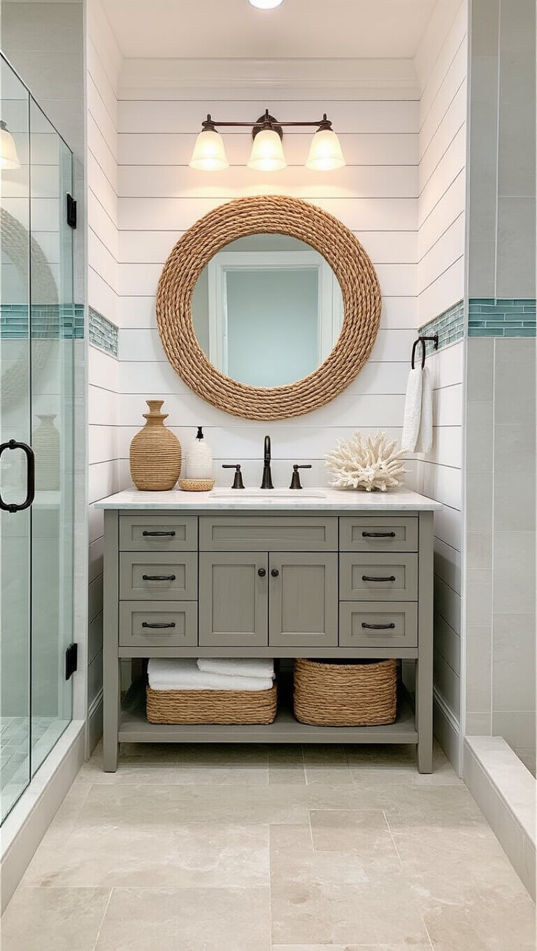Coastal-style 9x11ft bathroom with shiplap wall, driftwood vanity, sea glass tile accents, rattan mirror, and seagrass decor in bright natural light.