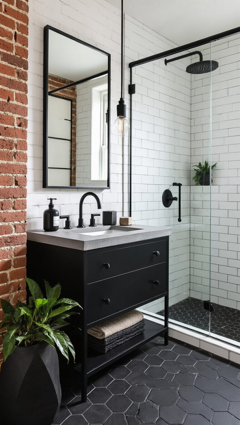Contemporary 7x9ft bathroom with white painted brick wall, matte black vanity, concrete countertop, glass shower with black hardware, charcoal hex tile floor, and dramatic side lighting.