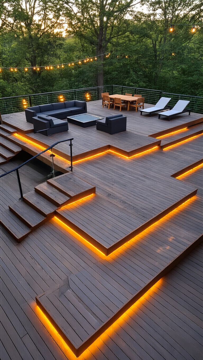 Multi-level cedar deck with glass railings and LED lighting, featuring conversation pit, dining set, and loungers, photographed during golden hour with mature trees and string lights in background.