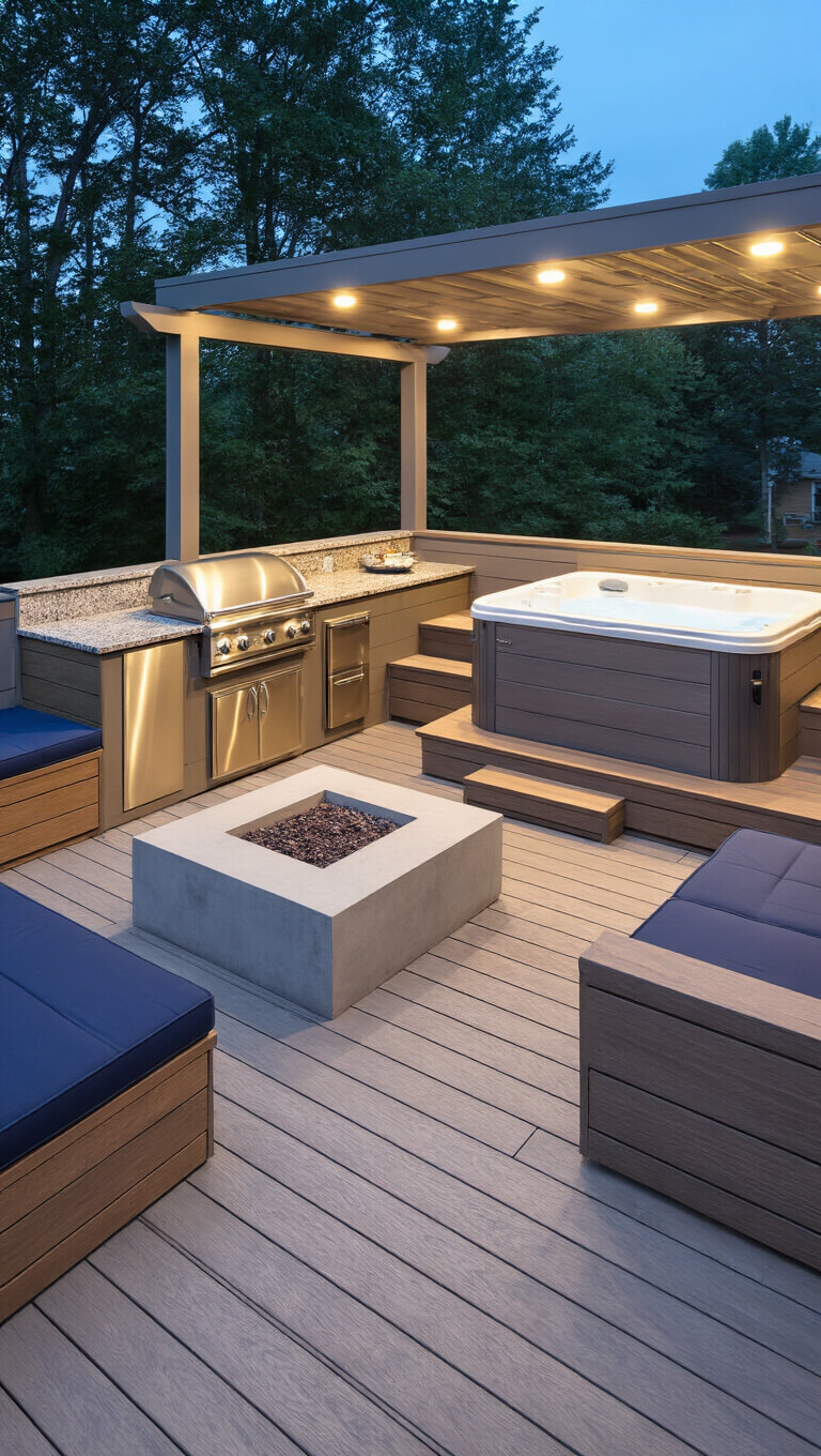 Modern built-in deck with stainless steel outdoor kitchen, recessed hot tub in gray composite decking, L-shaped bench seating around concrete fire table, and pergola with retractable shade lit during blue hour.