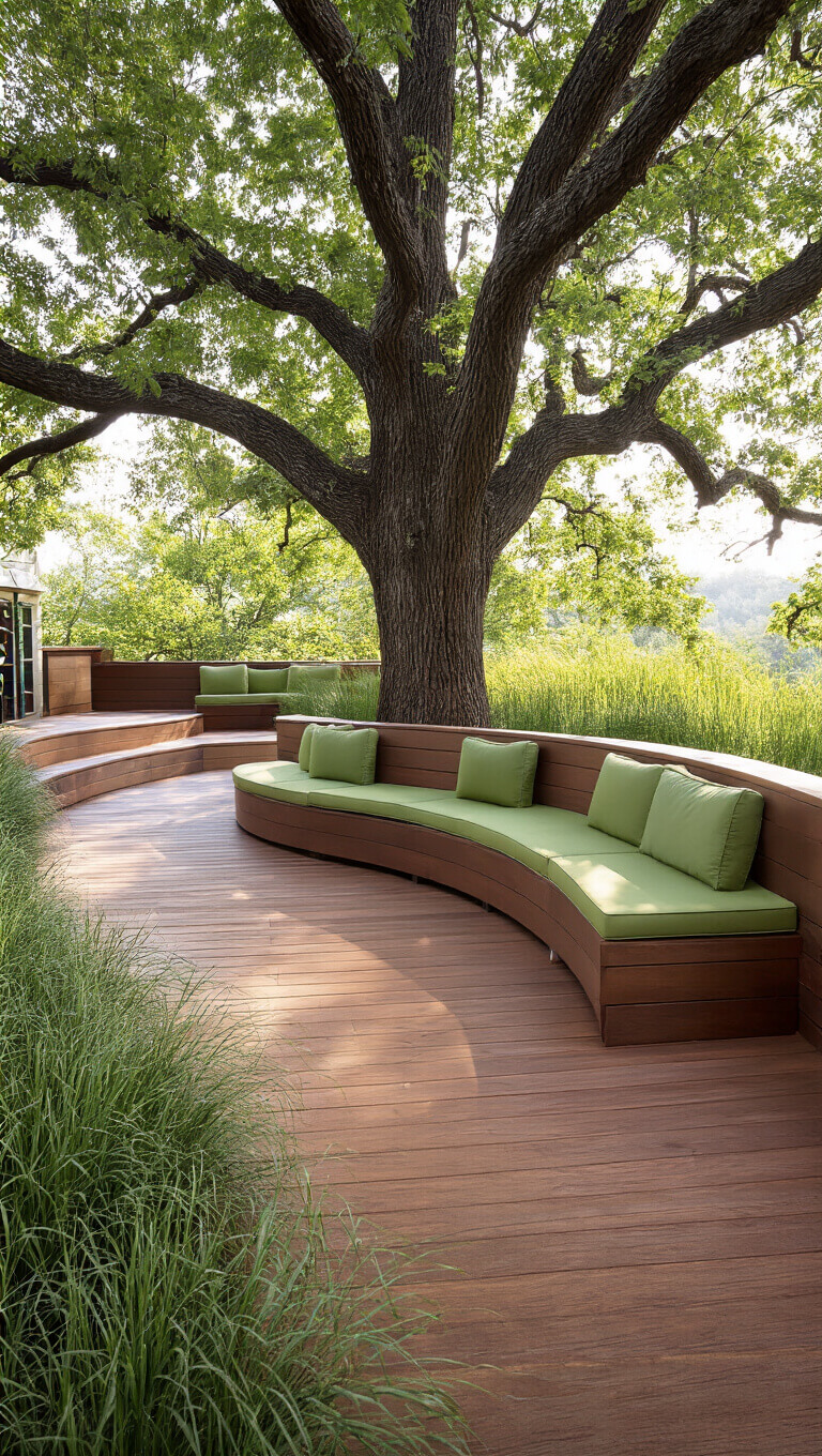 Curved 600 sq ft composite deck wrapping around mature oak tree with built-in bench seating and sage green cushions, surrounded by wild grasses under dappled mid-morning light.