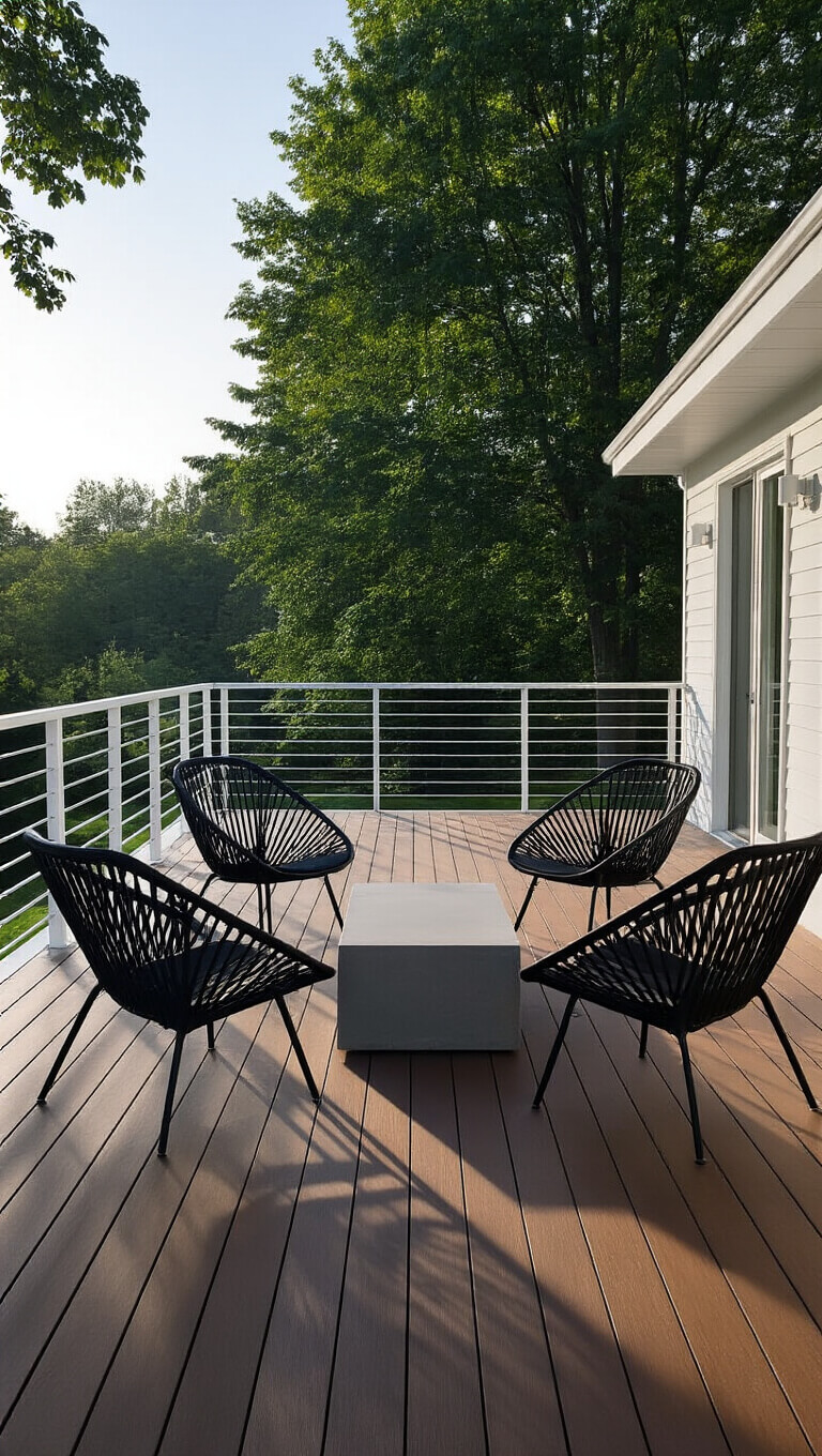 Minimalist 400 sq ft ipe wood deck with white aluminum railings, black Acapulco chairs, and concrete side table in early morning light.