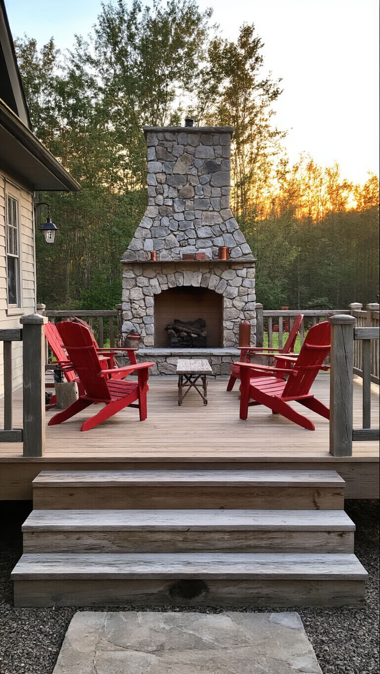Rustic 500 sq ft pine deck with red Adirondack chairs around a stone fireplace, cedar railings, vintage lanterns, copper accents, and railroad tie steps at sunset.