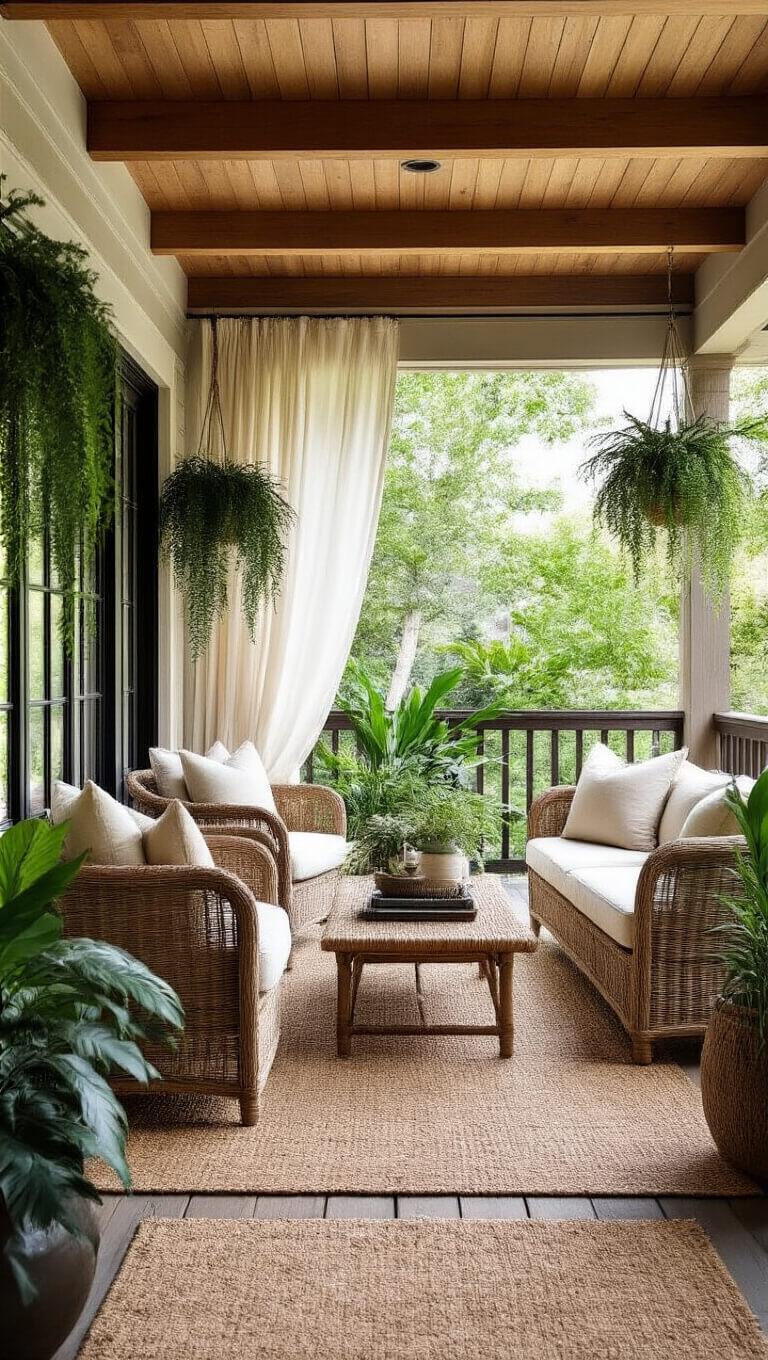Covered deck with wicker furniture, cream cushions, and jute rug under gabled roof with exposed cedar beams; sheer curtains billow amid tropical plants in soft afternoon light.