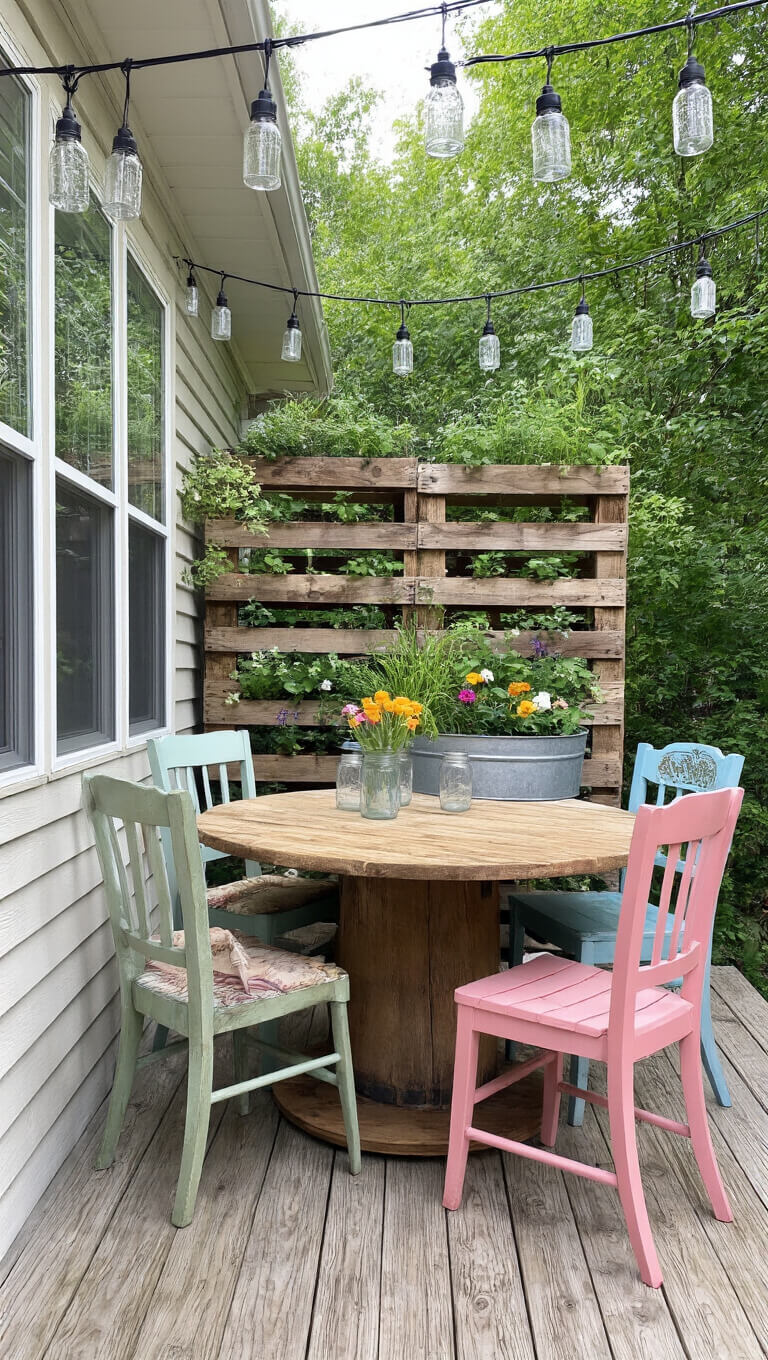 DIY budget-friendly deck with repurposed spool table, mismatched chairs, mason jar lights, pallet herb garden, and vintage wash tub planter in natural morning light.