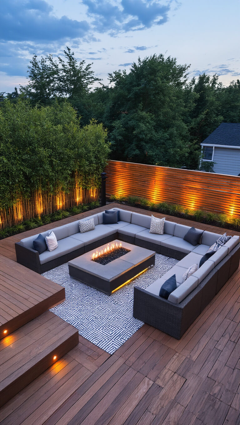 Elevated view of a 400 sq ft entertainment deck at dusk with modular outdoor sofa, oversized coffee table, layered geometric rugs, copper path lights, and uplit privacy bamboo.