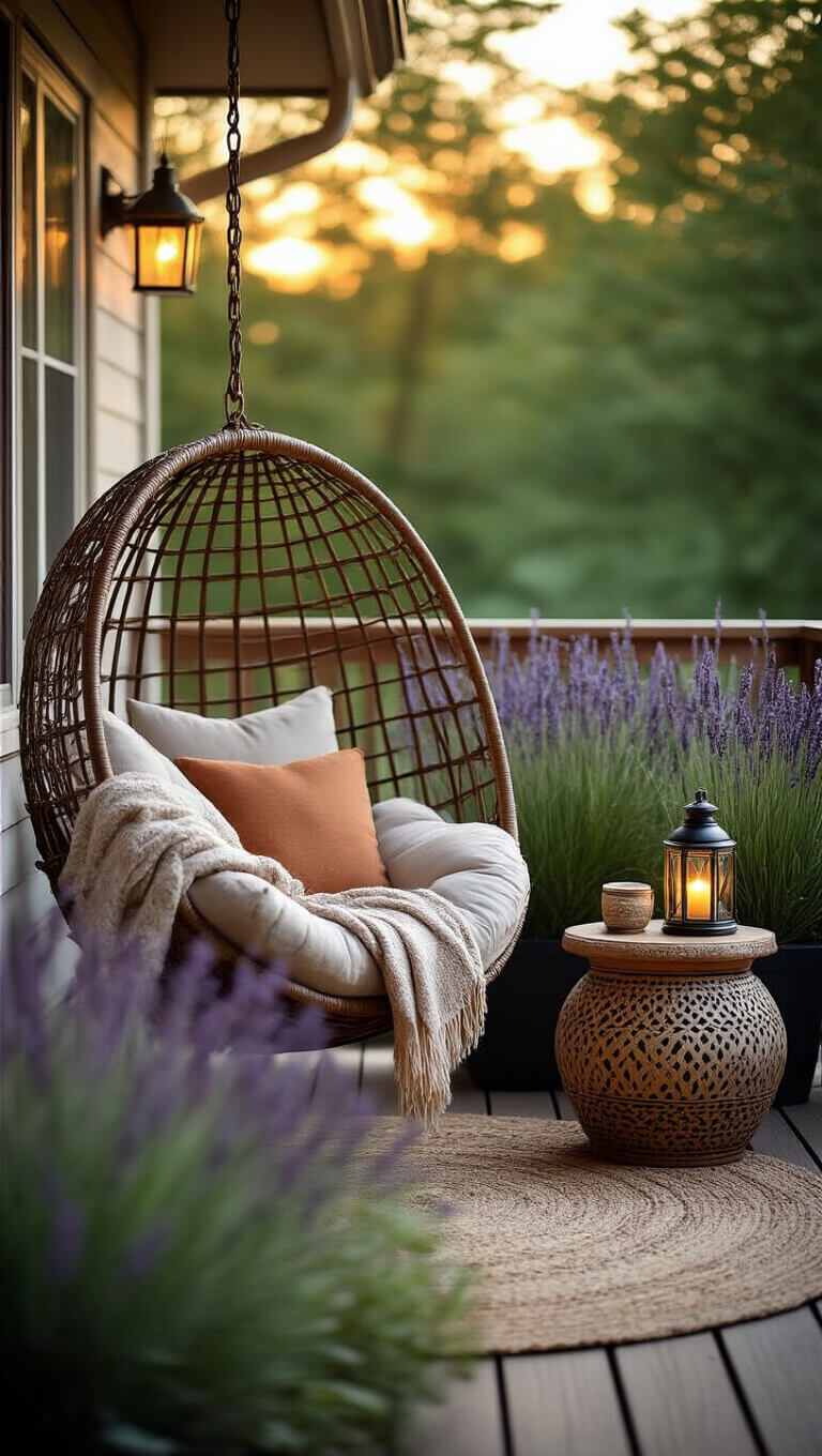 Cozy deck nook with hanging egg chair, cushions, throw blankets, Moroccan table, lantern, and potted plants at golden hour.
