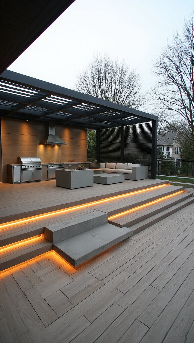 L-shaped modern deck with glass railings, floating steps to sunken seating area, steel pergola, and stainless outdoor kitchen.